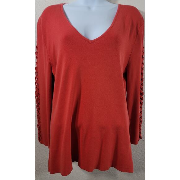 Cyrus Orange Braided Sleeves V Neck Ribbed Sweater Top Large Lightweight Soft - Picture 1 of 7